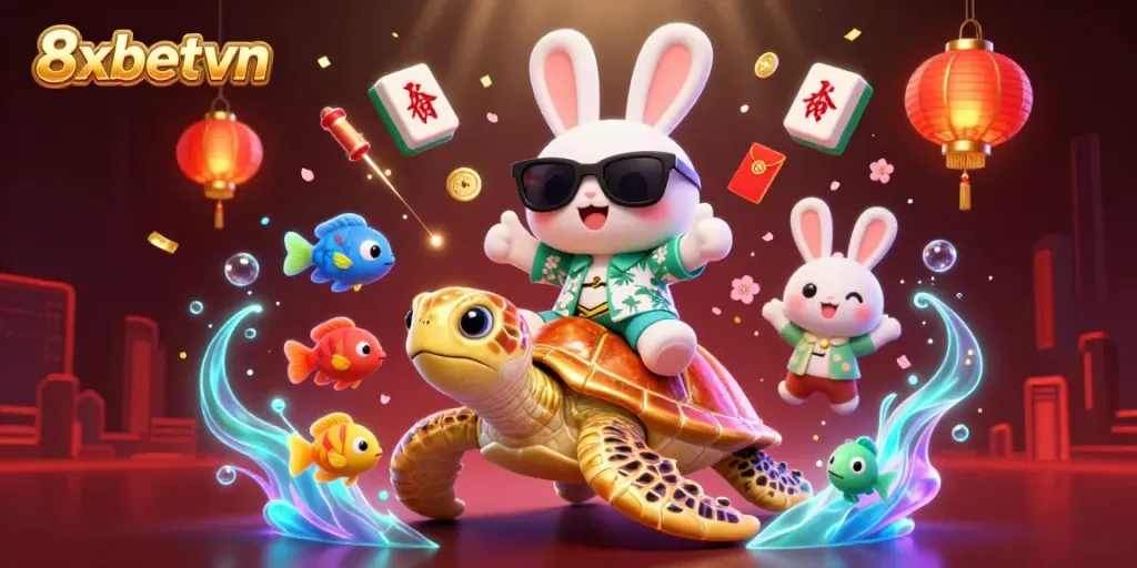 Experience excitement at 8xbetvn with our lucky rabbit and golden turtle in a vibrant, casino-themed scene.
