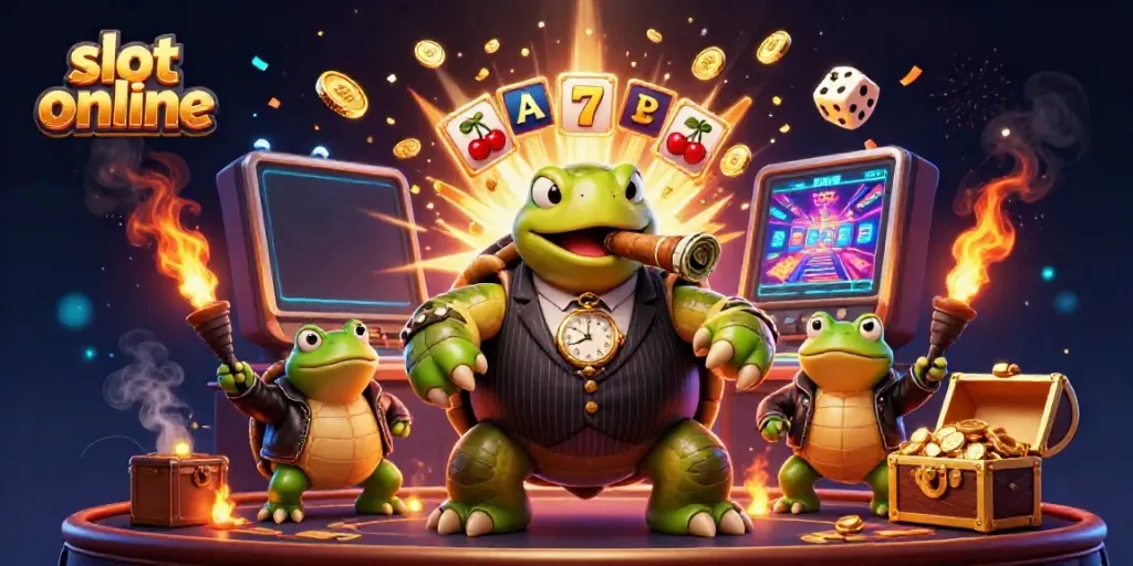 Experience slot online excitement with a cartoon turtle in a pinstripe suit surrounded by vibrant casino elements.