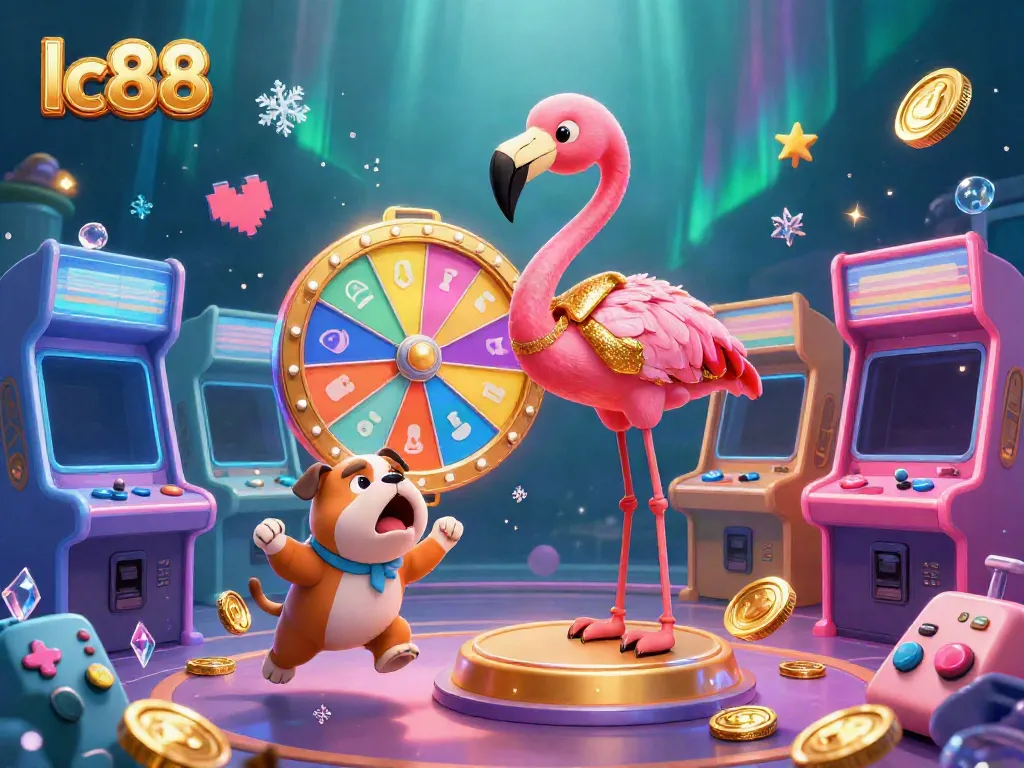 Engage with lc88 excitement in a lively casino scene featuring a flamingo host, bulldog contestant, and vibrant games.