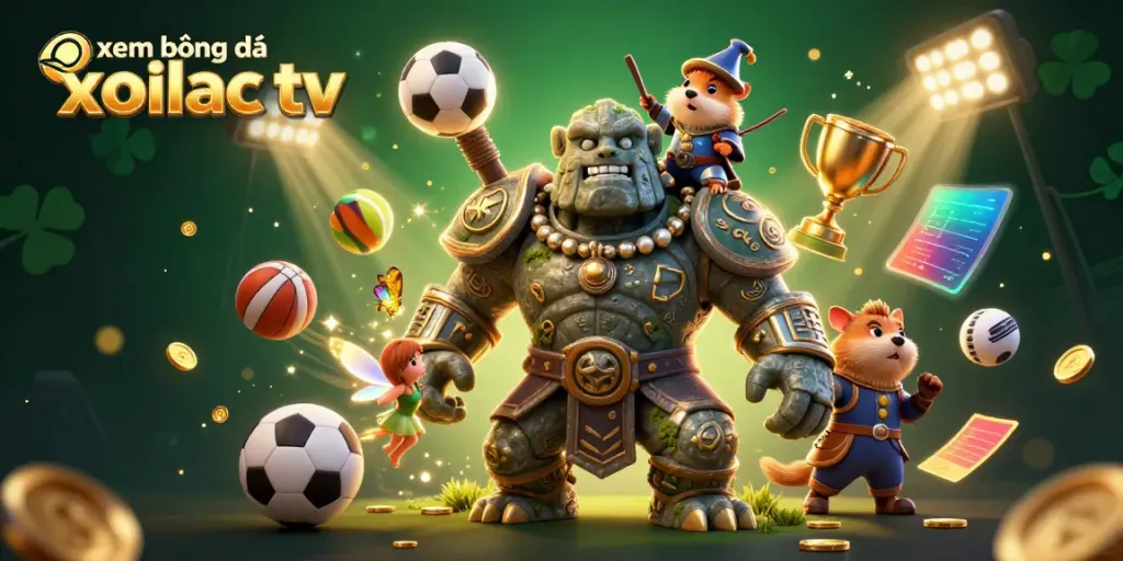 Xem bóng đá xoilac tv scene featuring a golem guardian, fairy, and hamster knight amidst dynamic sports elements.