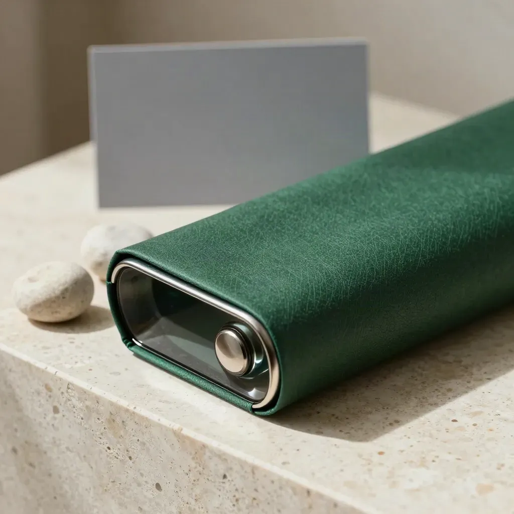 Grön risksleeve med glasvikt och två stenmarkörer på ljus travertin.