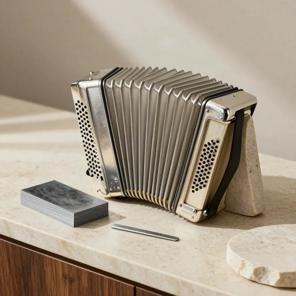 Silverfärgad accordionmapp med stenkil och grafitkort på travertin under mjukt ljus