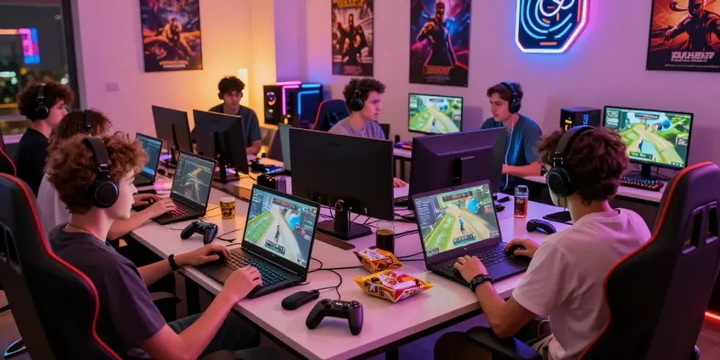 Engaging scene of gamers logging into rokok88 with friends in a lively atmosphere.
