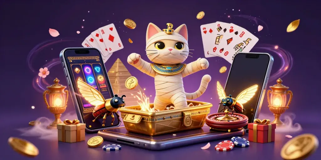 Experience xem bóng đá cakhiatv with vibrant 3D illustration of an Egyptian mummy cat and casino elements.