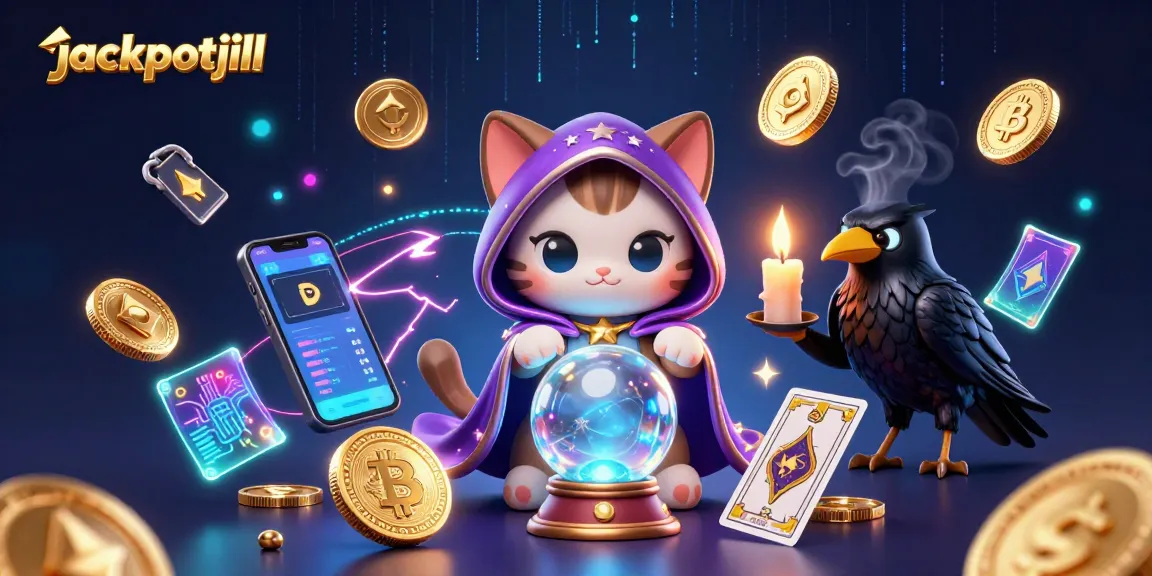 Play jackpotjill online pokie games with a 3D mystical cat and tarot raven illustration.