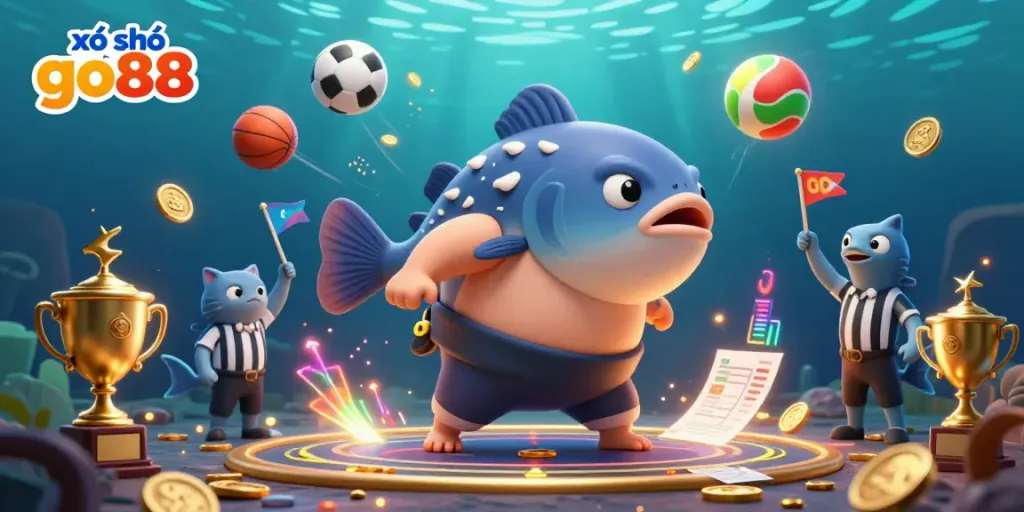 Experience the excitement of xổ số go88 with this vibrant underwater scene showcasing a fugu in action, festive spectators, and dynamic sports elements.