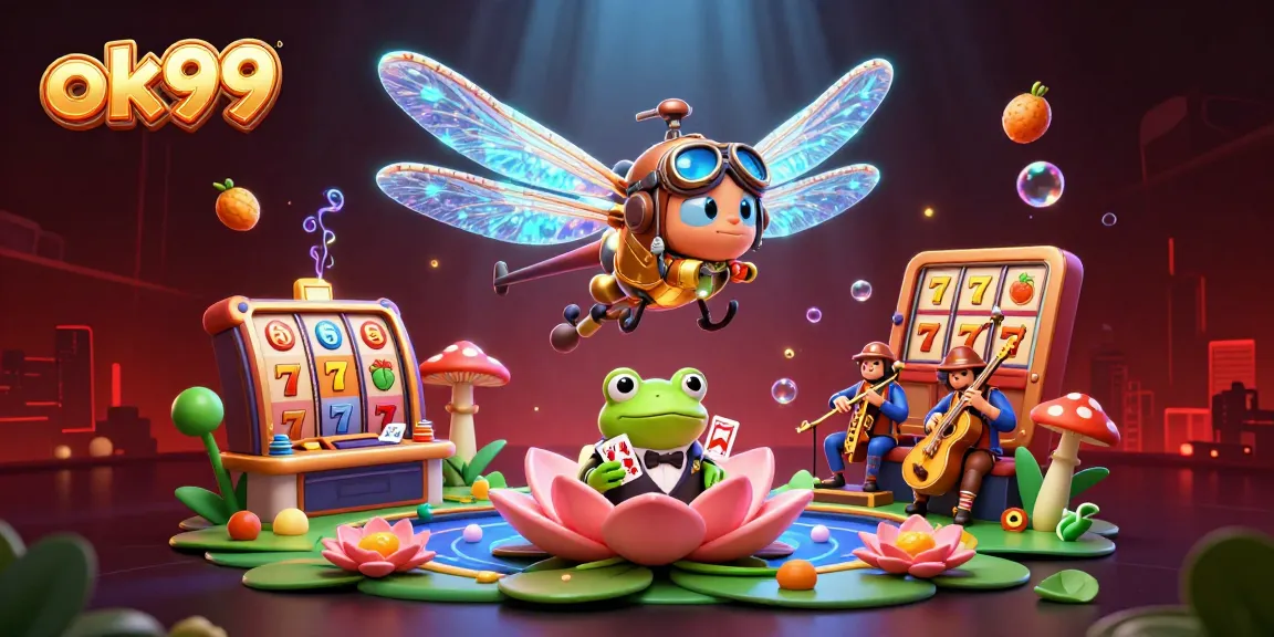Experience thrilling casino action at ok99 with a vibrant scene of a dragonfly pilot, frog dealer, and dynamic game elements.