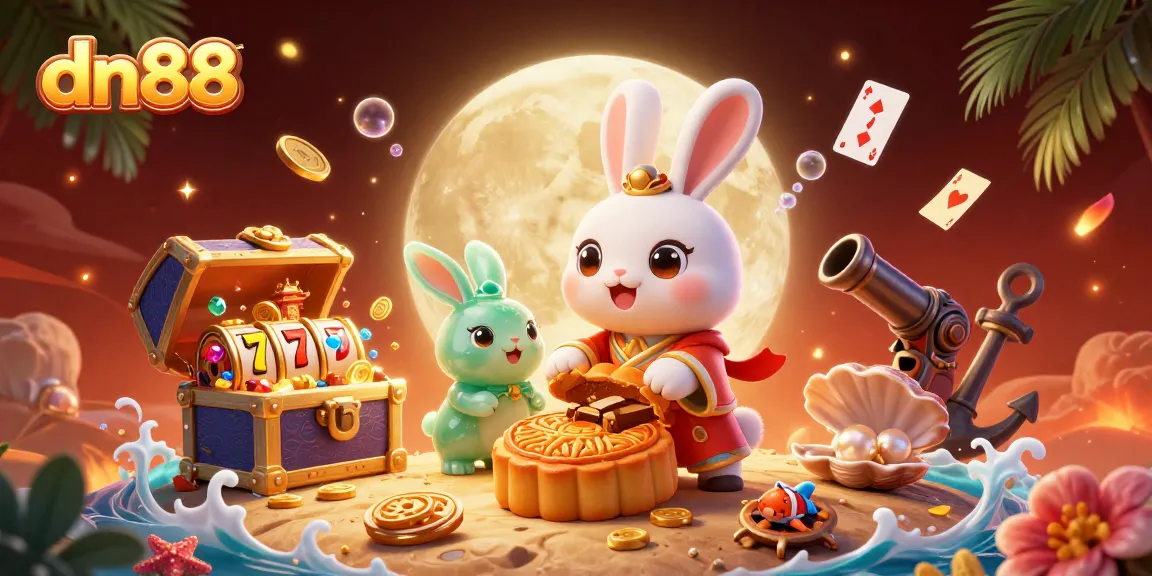 Experience the thrill of dn88's online gaming as a moon rabbit reveals poker chips in a vibrant 3D casino world.